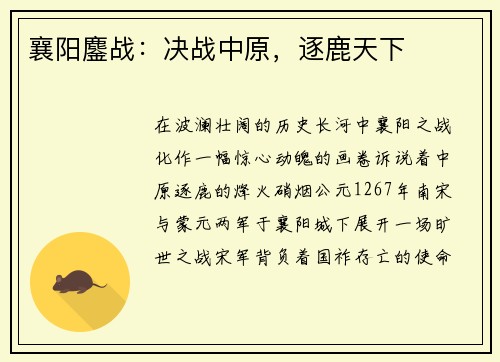 襄阳鏖战：决战中原，逐鹿天下